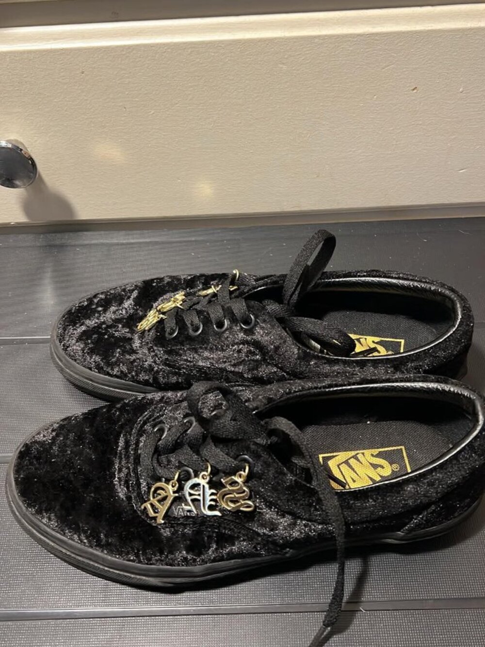 Vans Black Velvet Sneakers w/ Gold Letter Charms – Women’s 7